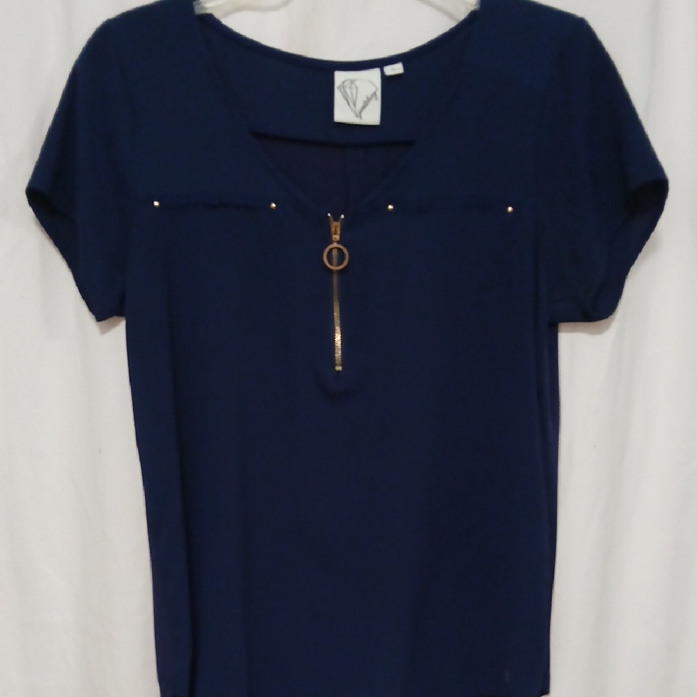 Elegant Navy Blue Women's Blouse with Gold Zipper